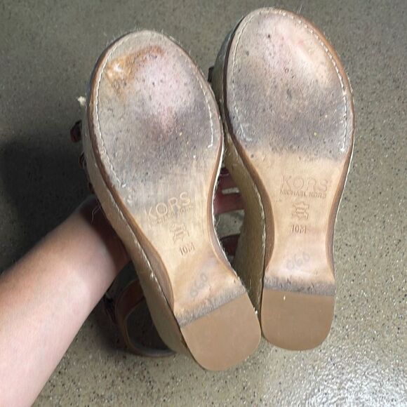 KORS Cognac Leather Jute Wrapped Platform Wedge Sandals 10 - Picture 8 of 11